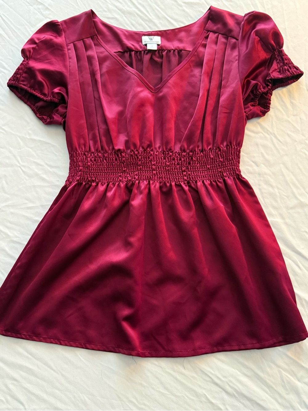Worthington Burgundy Satin V-Neck Smocked Waist Puff Sleeve Top